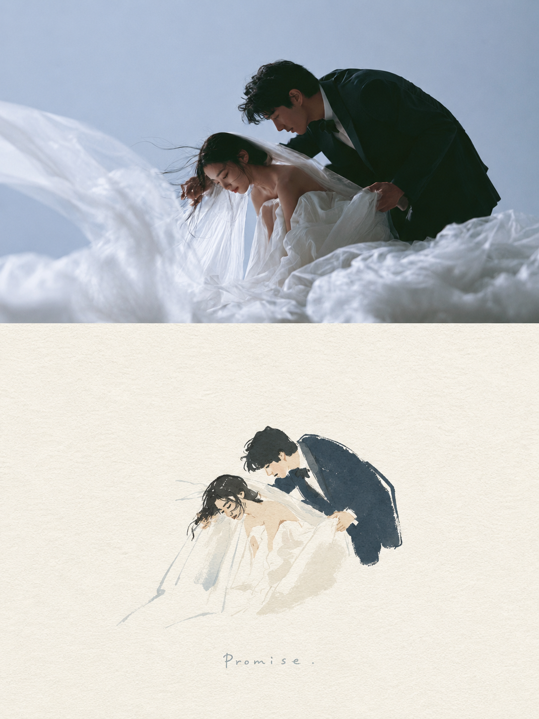 婚纱照片与纸感插画的上下双拼成品